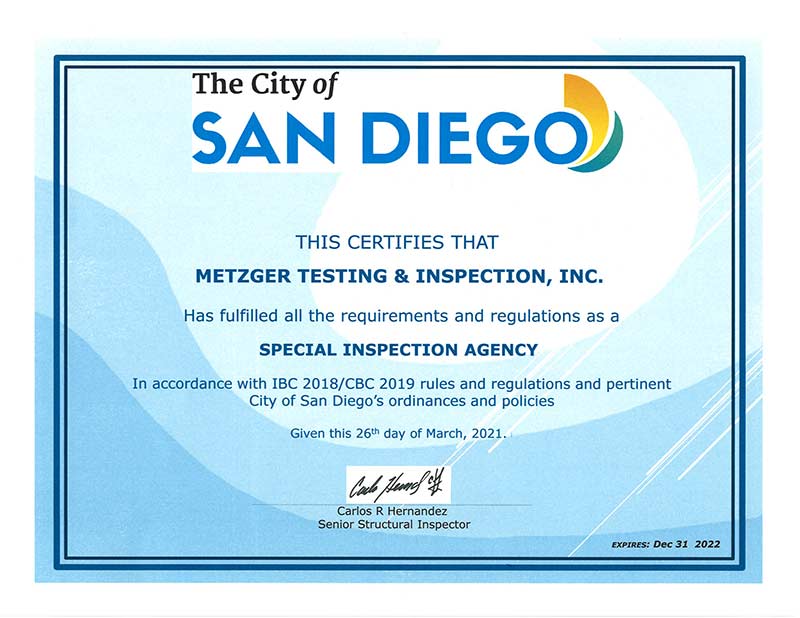 Special Inspection Agency Certificate - Deputy Inspector - San Diego