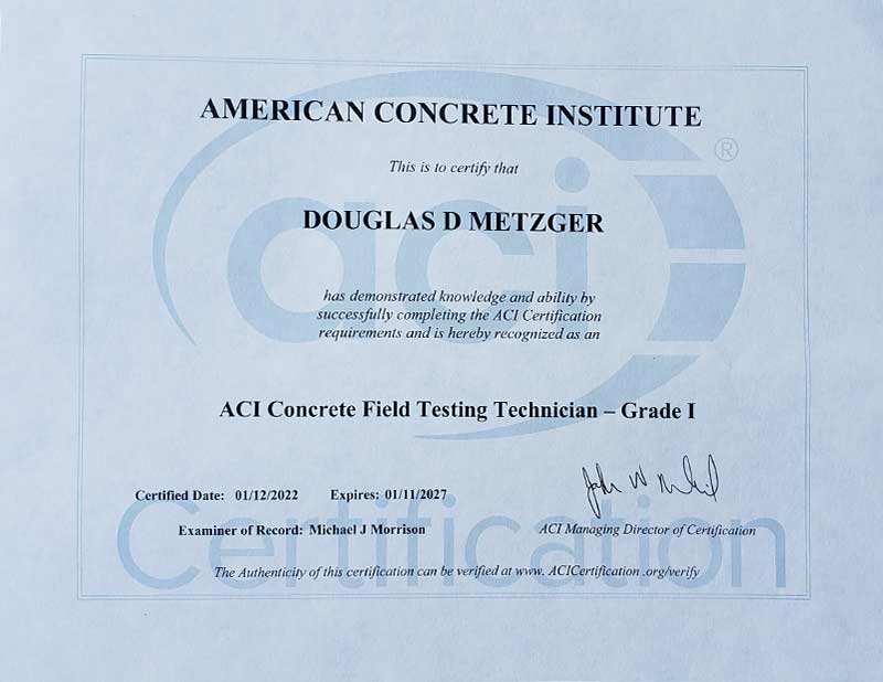 ACI Concrete field testing certification
